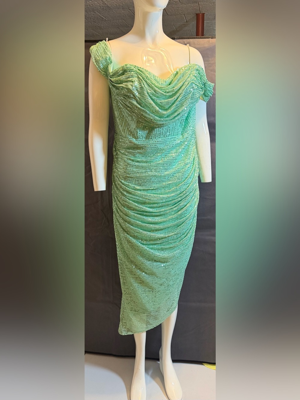 Elegant Mint Green Off-Shoulder Ruched Dress Covered in Sequins